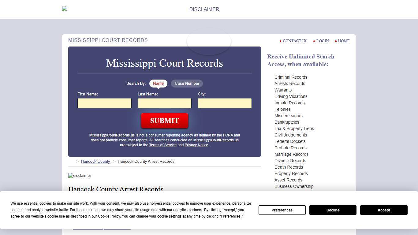 Hancock County Arrest Records MississippiCourtRecords.us